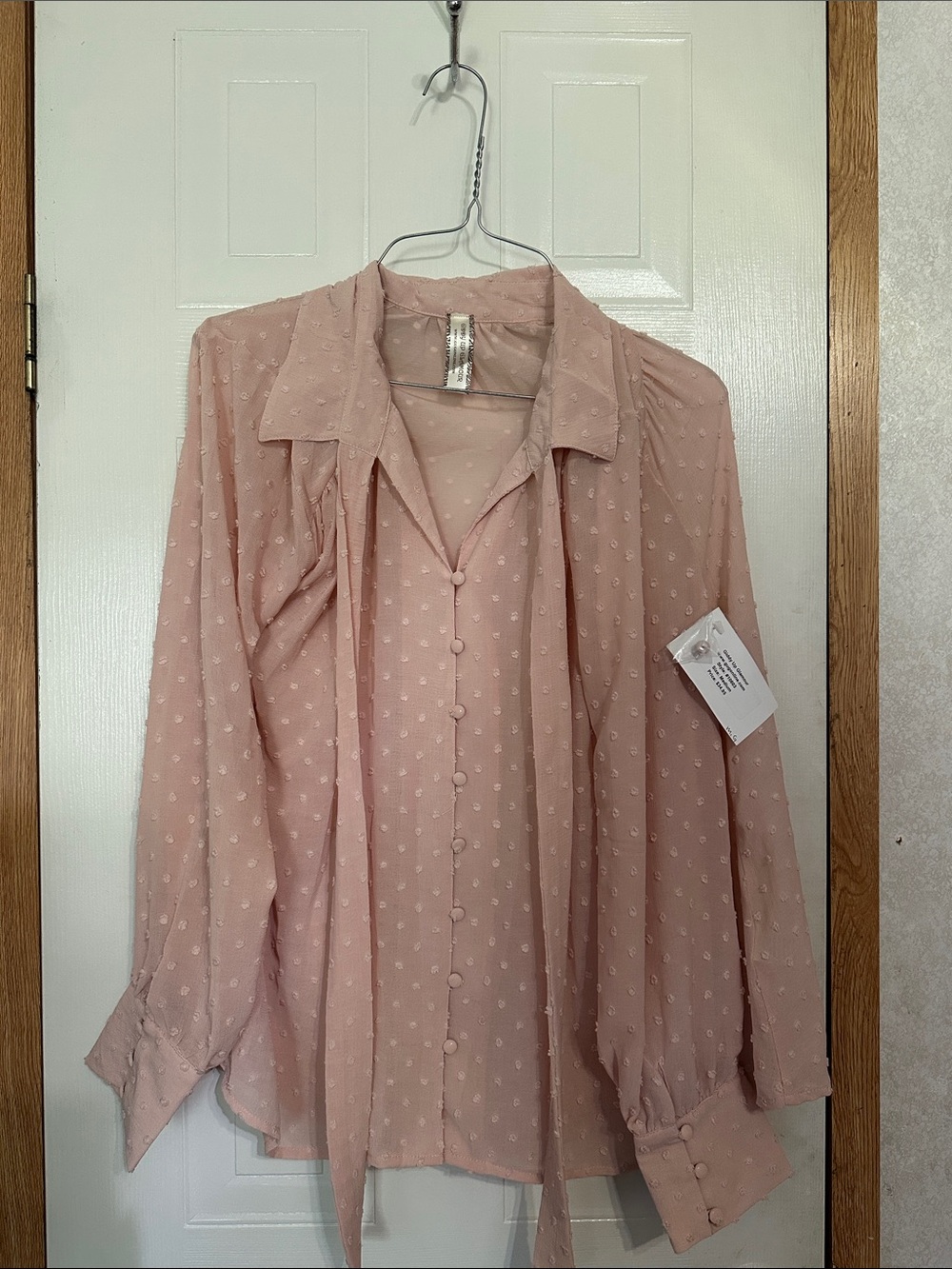 Tie-Neck Blouse in Soft Pink with Swiss Dot Texture